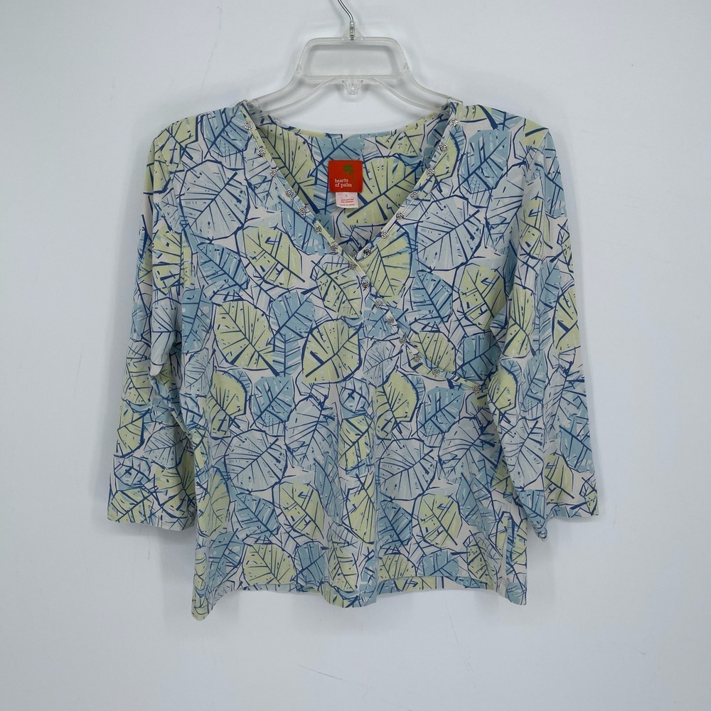 Hearts of Palm Women's Blue Leaf Print‎ Surplice Stretch Embellished Top Size L